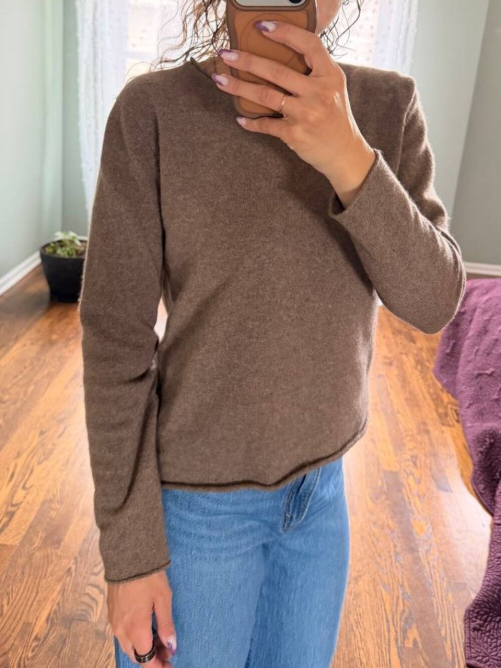 Simply Cashmere Heather Taupe Brown Roll-Hem Crewneck Sweater